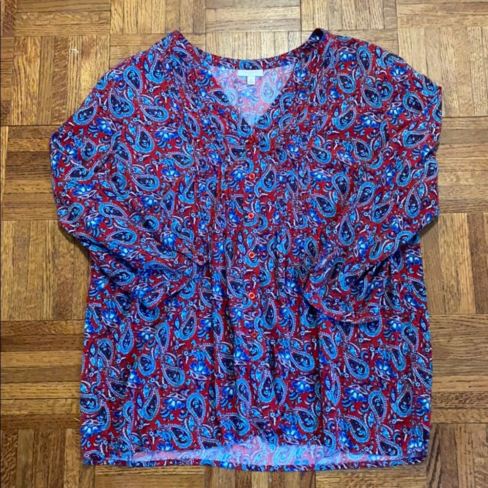 Red and blue Talbots 3/4 sleeve blouse